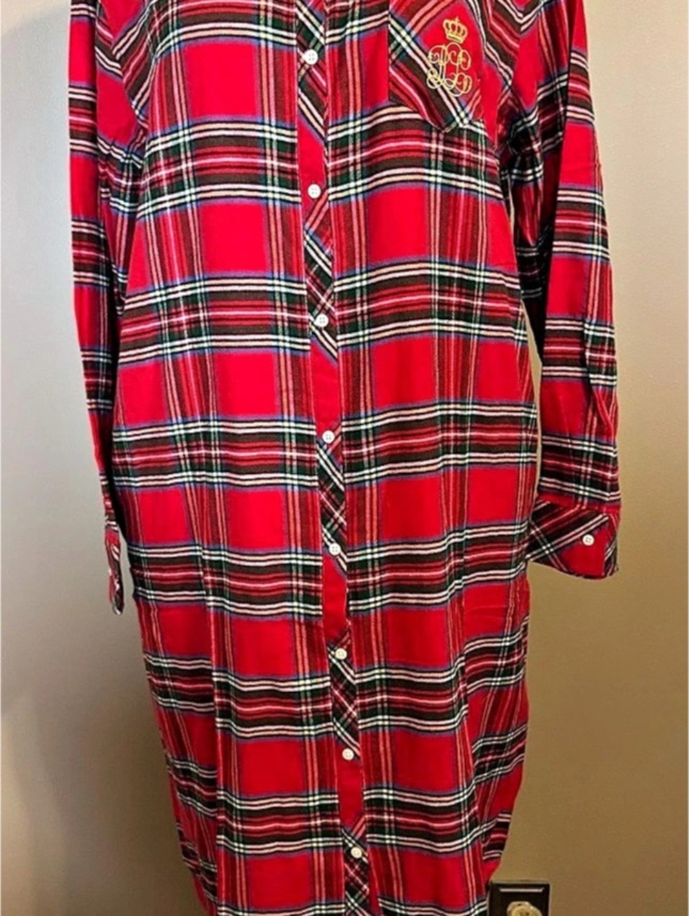NWT Lauren Ralph Lauren Womens L Red Tartan Plaid Flannel Long Nightgown Gold Cr